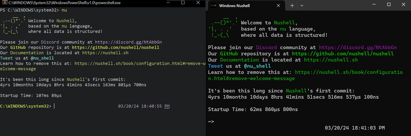 Side by side screenshots of Nushell's startup screen in Alacritty terminal on the left which shades everything to unusual colors and Windows Terminal on the right with nice colors.