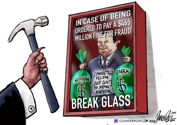 “On the same day he admitted he’s unable to secure the nearly half-billion dollar bond he’s been ordered to pay, Donald Trump brought into his campaign Paul Manafort, the felon and alleged Kremlin crony who pleaded guilty to money laundering.”-DB

Cartoon by Darrin Bell for Counterpoint