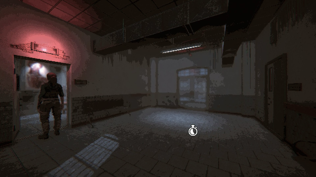A pixel art inspired horror game, a woman entering a room from a hallway.