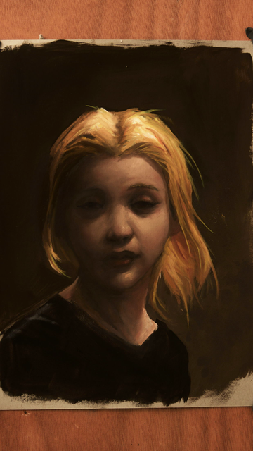 Oil portrait of a young woman with blond hair. The light comes from behind and makes here floating hair glow.
