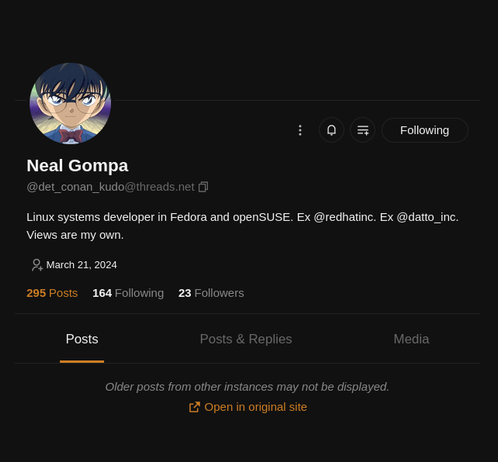 My Threads profile as shown from my Mastodon account in the Elk Mastodon client. I am following my Threads account from my Mastodon account.