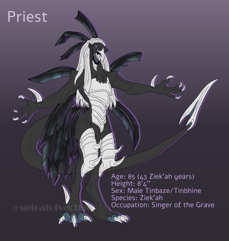 A tall avian like humanoid alien is standing with his arms outstretched and a long smile on his partially beaked face.

He has a lot of silvery hard metal plating along his body.

The text reads:

Priest

Age: 85 (43 Ziek'ah years)
Height: 8'4''
Sex: Male Tinbaze/Tinbhine
Species: Ziek'ah
Occupation: Singer of the Grave