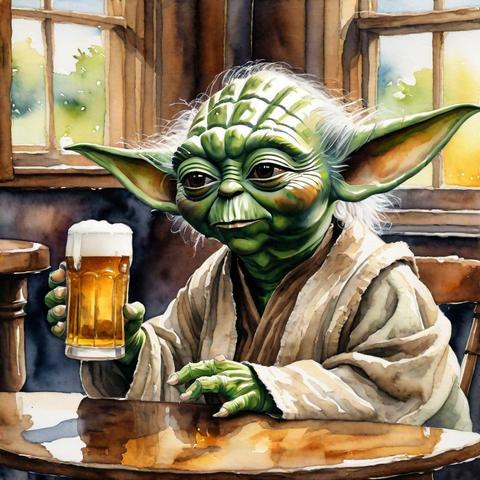 Watercolor painting of Yoda enjoying a beer
