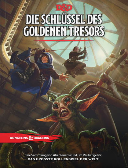 Titel des Buches "Die Schlüssel des Goldenen Tresors". Zwei Gestalten seilen sich von der Kuppel in einen Raum ab, Blickrichtung ist von unten nach oben. Unter einem Tisch kauert ein Dämon