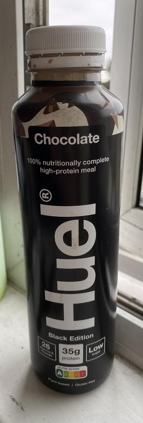 Bottle of chocolate flavoured Huel Black premixed