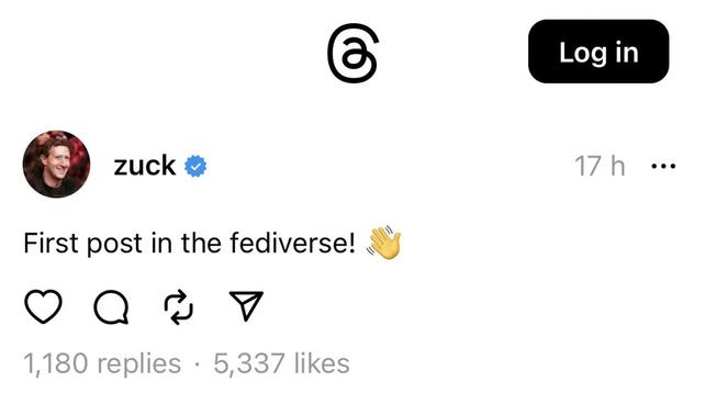 A (presumably federated) Threads post by surveillance capitalist Mark Zuckerberg: “First post in the fediverse! 👋 “
