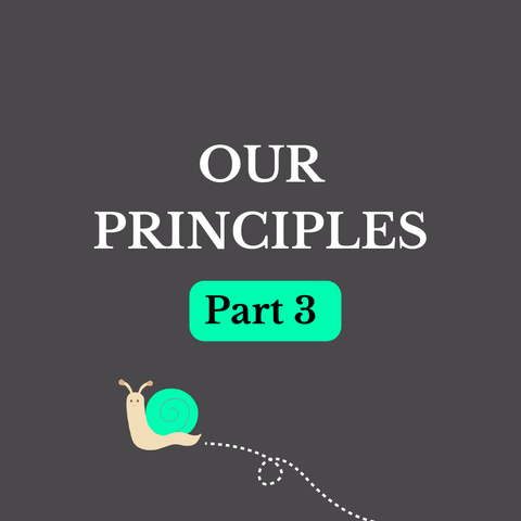 A series of graphics with white text and green highlights set against a grey background. This slide reads "Our principles Part 3" and features an illustrated snail making its way across the bottom.