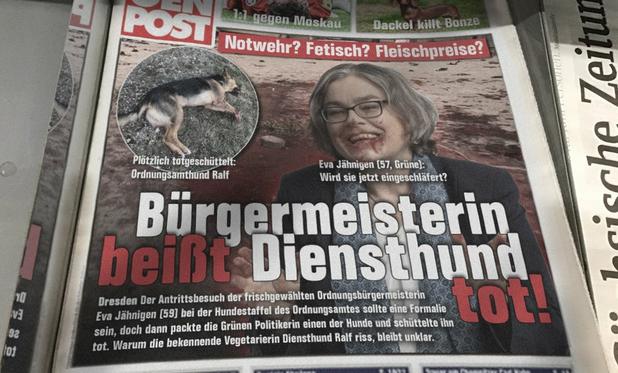 Montage eines Morgenpost-Covers (Fake!): Darauf zu sehen eine mit Blut verschmierte Bürgermeisterin Jähnigen. Die Schlagzeile lautet: Bürgermeisterin beißt Diensthund tot.