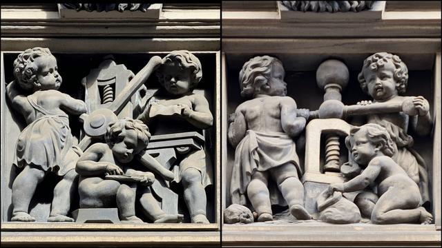 Two friezes carved in blonde sandstone featurimg groups of putti. In one they are operating a printing press and are printing banknotes, in the other, they are mintinh coins.