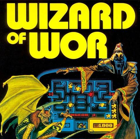 Art for the 1981 Midway arcade game Wizard of Wor. Big yellow letters for the game's title on top and art of a wizard and a bat on either side of an artistic rendering of gameplay.