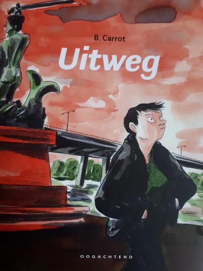 Titelpagina van het boek. Op de voorgrond een tekening van een vrouw met kort haar, groen T-shirt en zwarte jas en broek. Links in beeld een tekening van een monument met van achter een zeemeerminachtige met een opgeheven arm met een zwaard in haar hand. Op de achtergrond een grote brug en een rode hemel. In het midden (ter hoogte van de hemel) staat "B.Carrot" in zwarte letters en iets groter in witte letters "Uitweg".