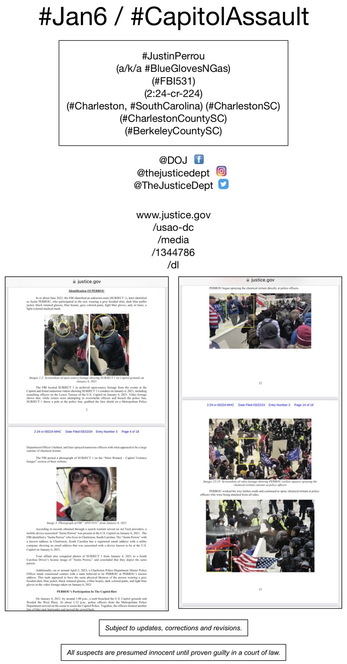 Screenshot of pages from court document pertaining to January 6th riot suspect Justin Perrou (Charleston, South Carolina).