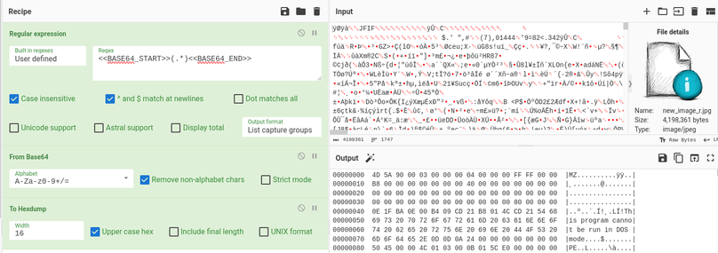 Extracting and decoding Portable Executable file from steganography image with CyberChef