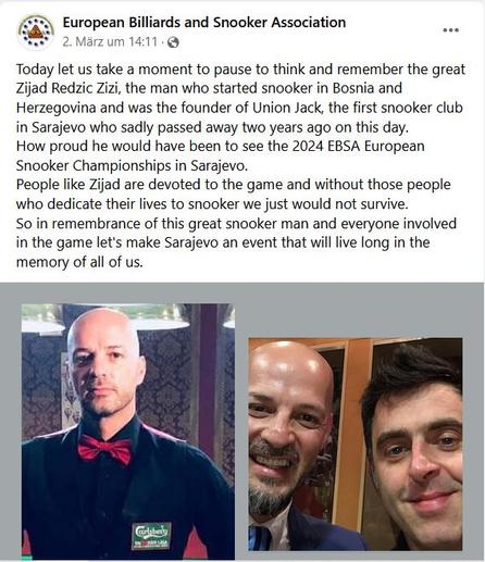 Sarajevo Snooker Screenshot Facebook post which is linked