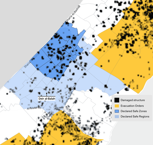 Figure 22. Dommages aux structures (noir) dans la municipalité de Deir al-Balah (bleu clair et bleu foncé) au 7 janvier 2024, d'après les données publiées par UNOSAT. La région bleu foncé indique les blocs numérotés que l'armée israélienne a explicitement annoncés comme "sûrs" dans un prospectus distribué le 8 janvier 2024.

(Forensic Architecture, 2024)