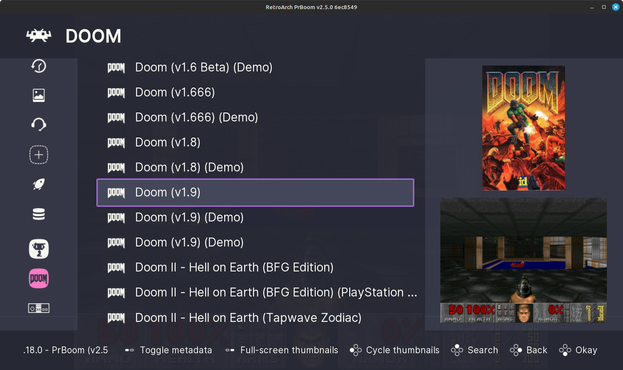 Screenshot of the RetroArch 1.18.0 user interface playing Doom.