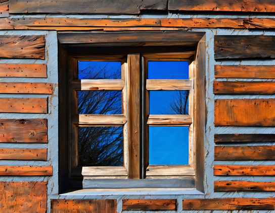 Six-paned cabin window reflects a clear blue sky, surrounded by rich wooden textures that contrast with the cool blue hue, creating a striking effect.
