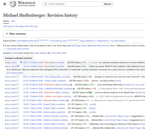 Michael Shellenberger wikipedia page shows a string of recent edits coinciding with his organizationn releasing the files