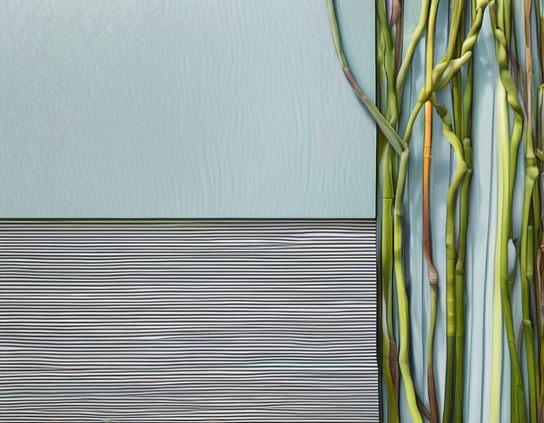 Vertical green irregular grasses curtain the right foreground over an abstract landscape with grooved ground and celadon background.