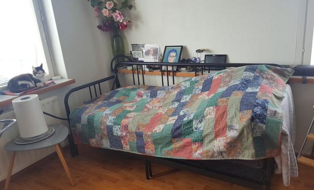 A photo of an iron frame bed in the corner of a room with windows on each side of the corner. There is a colourful quilt blanket spread out to cover the bed and it's mountain of pillows. There is a portrait on a ledge behind the bed, as well as a green flower vase with pink flowers. All these colours are in the quilt. There's a cat loafing on the window sill and looking slightly irritated, as well as a cylindrical air purifier on a little table.