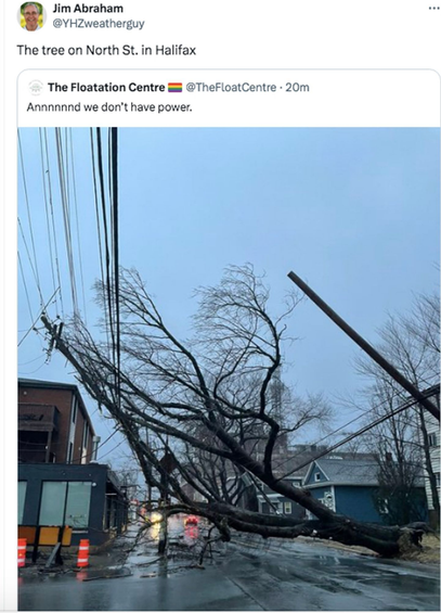 A large tree, toppled in the wind and rain storm, crosses North Street (A major route) stopping any traffic. It's pulled the power pole down with the wires as it dropped, and it's hanging precariously over buildings on the other side of the road, held up only by the power wires on that side. 
Posted by Jim Abraham our local Weatherman (retired)
The tree on North Street in Halifax
BELOW first post by The Floatation Center. replied

Annnnd we don't have power