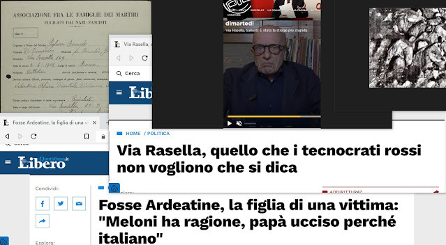 In foto gli screenshot dei "titoloni" del quotidiano Libero, Sallusti mentre sostiene che l'attacco di via Rasella è stata la "strage più stupida della resistenza, il documento su Romolo Gigliozzi archiviato dall'ANFIM e i resti delle vittime dell'eccidio delle Fosse Ardeatine