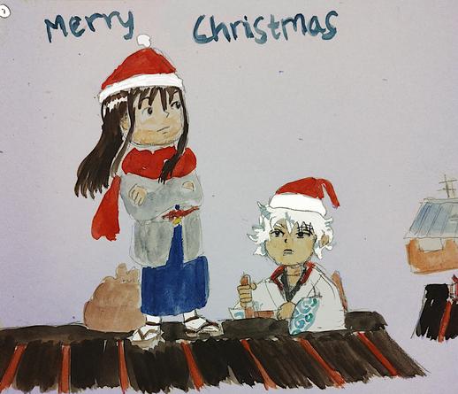 A chibi-esque picture of Katsura on a rooftop wearing a Santa Claus hat and a red scarf plus his usual clothes, standing dramatically with his arms crossed and looking off into the distance, a burlap bag at his feet. To his right a chibi-esque Gintoki is peering up from a ladder, also wearing a Santa Claus hat and his usual outfit, looking up at Zura with an unimpressed expression.