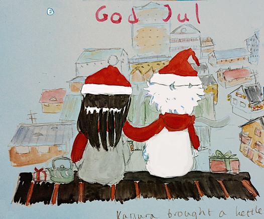The continuation of the first picture. Katsura and Gintoki are seen from behind, sitting side by side on the roof, looking out at the Edo landscape, Katsura's red scarf wrapped around them both. Katsura has taken out a kettle of tea from his bag, and now they're both having tea. They seem to have exchanged presents but not opened them yet, with a large present next to Gintoki and a small present next to Katsura.