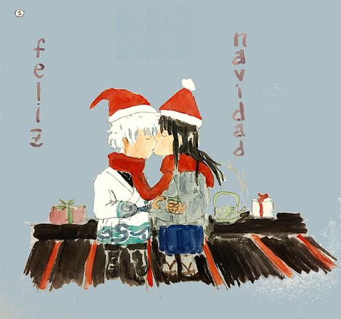 The same situation as the former pic, now seen from the front. Chibi-Gintoki and Chibi-Katsura are still sitting on the roof with tea cups, kettle, and presents at hand, and now they exchange a kiss as well.
