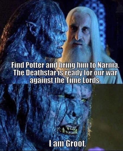 Saruman: Find Potter and bring him to Narnia. The Deathstar is ready for our war against the Time Lords. 
Lurtz: I am Groot.