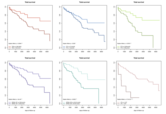 Kaplan–Meier survival curves based on cutoff values derived from phi statistics. Low TSH, FT3, SPINA-GD and JTI as well as high FT4 and SPINA-GT predict shorter survival in Takotsubo syndrome.