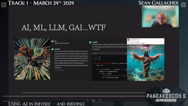 Slide from Sean Gallagher's talk "Using AI in Infosec - and Birding", including a picture of Shrimp Jesus