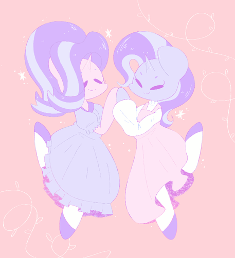 Art of Starlight and Trixie in cute, fluffy dresses. They are in a lovey-dovey pose, pressing their front hooves together and both have a leg bumped up. The colors are very pastel.