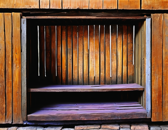 Rustic wooden shelves with a lilac tone in a warm toned wooden alcove.