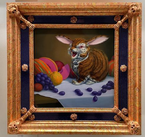 An aggressively snarling tiger-striped bunny in a still life painting of fruit.
