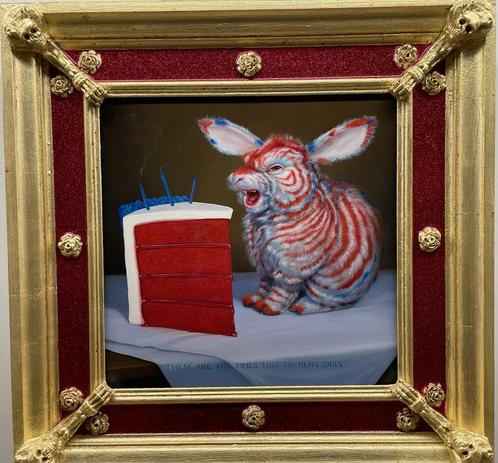 A demonically snarling red striped white bunny in a still life painting next to an enormous slice of red velvet cake.