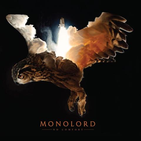 Album cover for 'No Comfort' by Monolord.

It's an owl in flight on a black background. But what's weird is there's a little space shuttle launching upwards from its back, with a bright rocket burst.