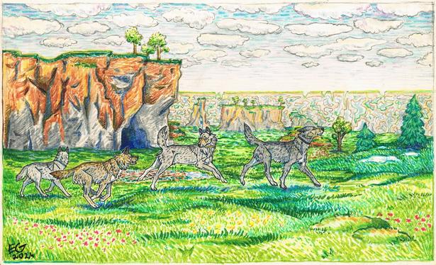 A marker painting of a group of four Minecraft wolves traversing a Beta landscape with some cliffs and the Far Lands in the distance. It's noon, the sun is shining from above, making everything very warm and vibrant.