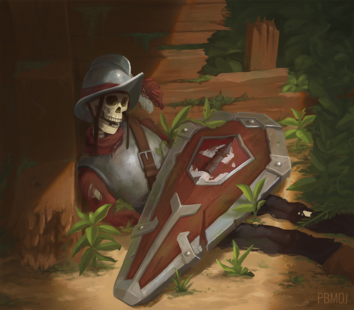 Illustration of a skeleton wearing armor lying near a ruin, a garrison shield laying on top. Both seem old and are slightly overgrown by foliage.