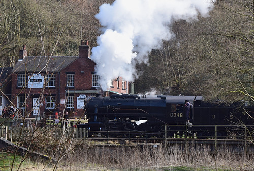 A photo titled "Steam train passing Black Lion Inn at Consall", taken near Bridge 49, Black Lion Footbridge by HackAway on Flickr.
