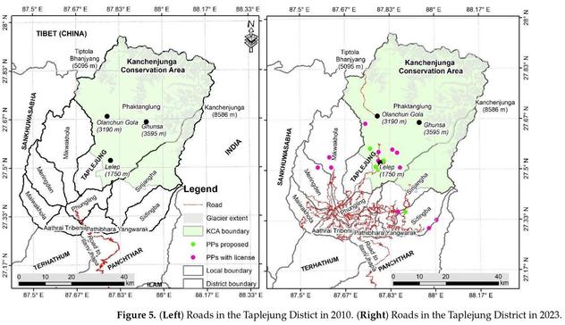 maps - changes in roads, 2010 to 2023, Kanchenjunga Conservation Area, Eastern Nepal