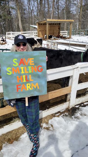 A person wearing sunglasses and a baseball hat, holding up a sign that reads, "Save Smiling Hill Farm." Behind them is a pen containing cows.