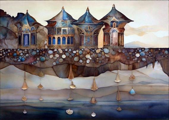 Row of surreal shiny townhouses on a floating island. Below hang several pendulums of gold and gemstones for keeping the time.