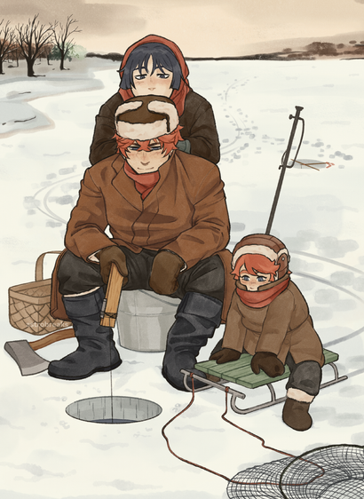 digital drawing of wanderer, ajax and teucer from genshin impact. it's done in tones and rendering style that are meant to resemble old soviet book illustrations. it depicts the three of them dressed up on warm winter clothes, on an early winter morning. ajax is teaching teucer and wanderer ice fishing. teucer is sitting on a sled, observing excitedly; wanderer is standing behind ajax, leaning on ajax's back with his elbows and peeking over with slight boredom. there are various older style tools and items used for ice fishing scattered around them.