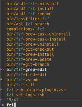 Result of the command line fzf
the list is then filter using fzf keyword to display only 19 out of 41 entries