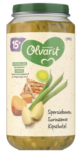 Afbeelding van een pot Olvarit babymaaltijd met de naam op het etiket: Surinaamse kipschotel.