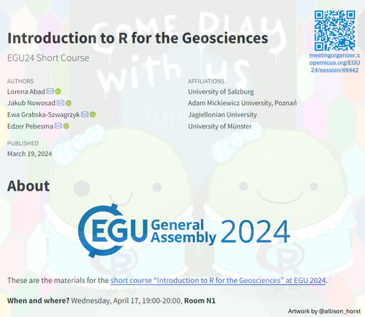 Banner to promote the Introduction to R for the Geosciences short course at EGU 2024.