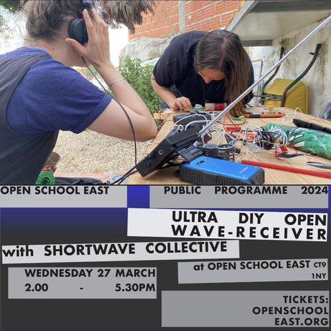 Two people are sat at an outside bench working on building and testing their handmade radios. One is listening with headphones and the other is testing the radio circuit for reception. There is text detailing a workshop at alternative art school in Margate Open School East. The workshop is titled “Ultra DIY Open Wave-Receiver with Shortwave Collective”