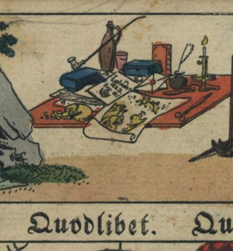You see a detail of such a quodlibet from "Carl's ABC- und Lesebuch mit Sitten- und Denksprüchen, Erzählungen und Liedern", page 18, from around 1800. Source: https://digital.slub-dresden.de/werkansicht/dlf/57468/18
