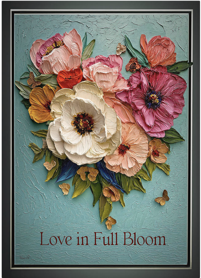 Lively Love'  This artwork features a collection of vibrantly colored flowers arranged in a dynamic and flourishing composition. The flowers, depicted with a thick impasto technique, give off a highly textured and almost three-dimensional appearance. They range in color from pale pinks and creamy whites to rich salmon, deep reds, and sunny yellows. Graphic design artwork featuring a vibrant collection of textured flowers in rich colors and dynamic composition.